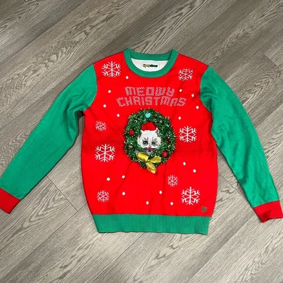 Tipsy Elves Boys/ Girls Cat in Wreath Ugly Christmas Sweater Youth size  Large